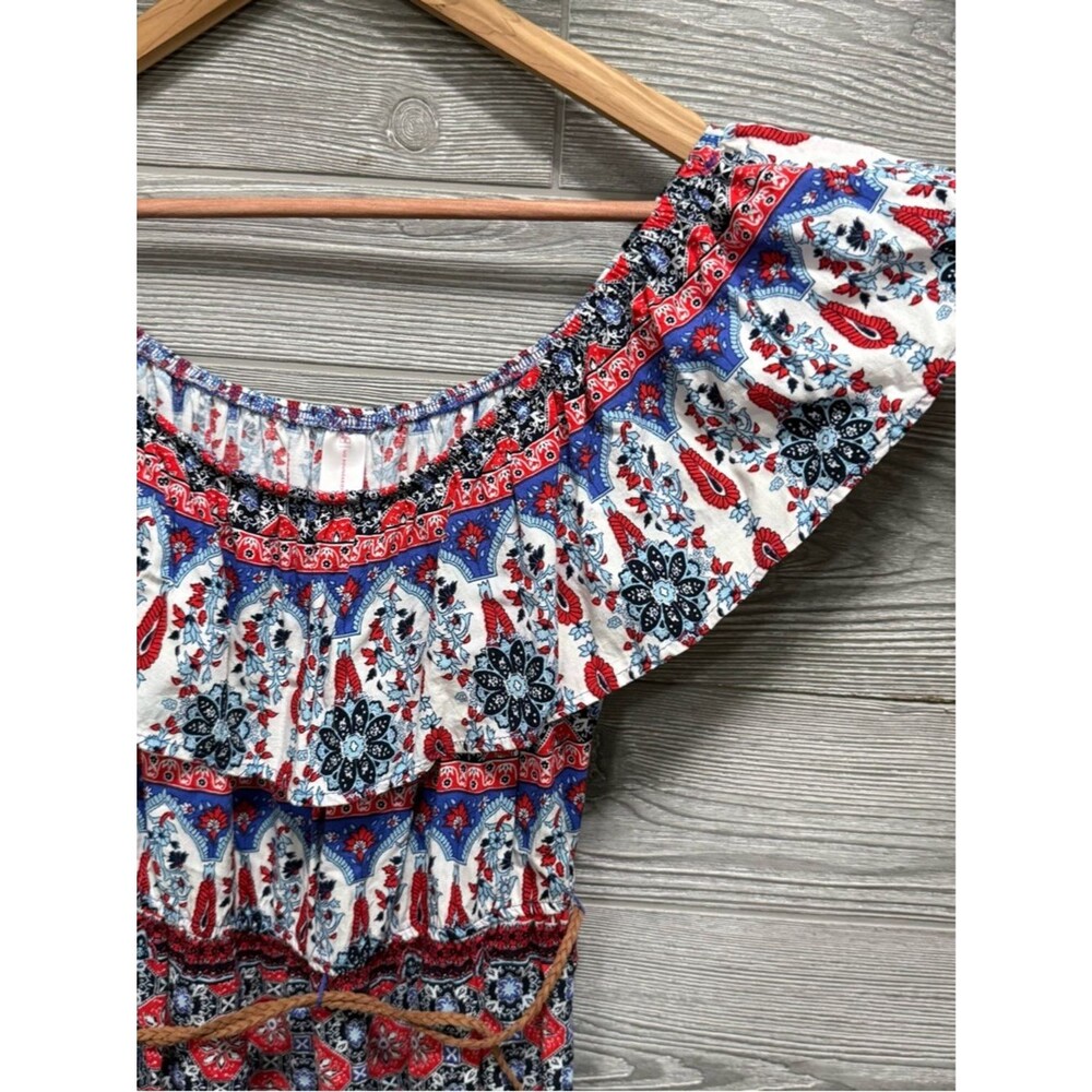 Boho Festival Peasant Mini Dress M Paisley USA Red White & Blue Western Coquette - Picture 3 of 9